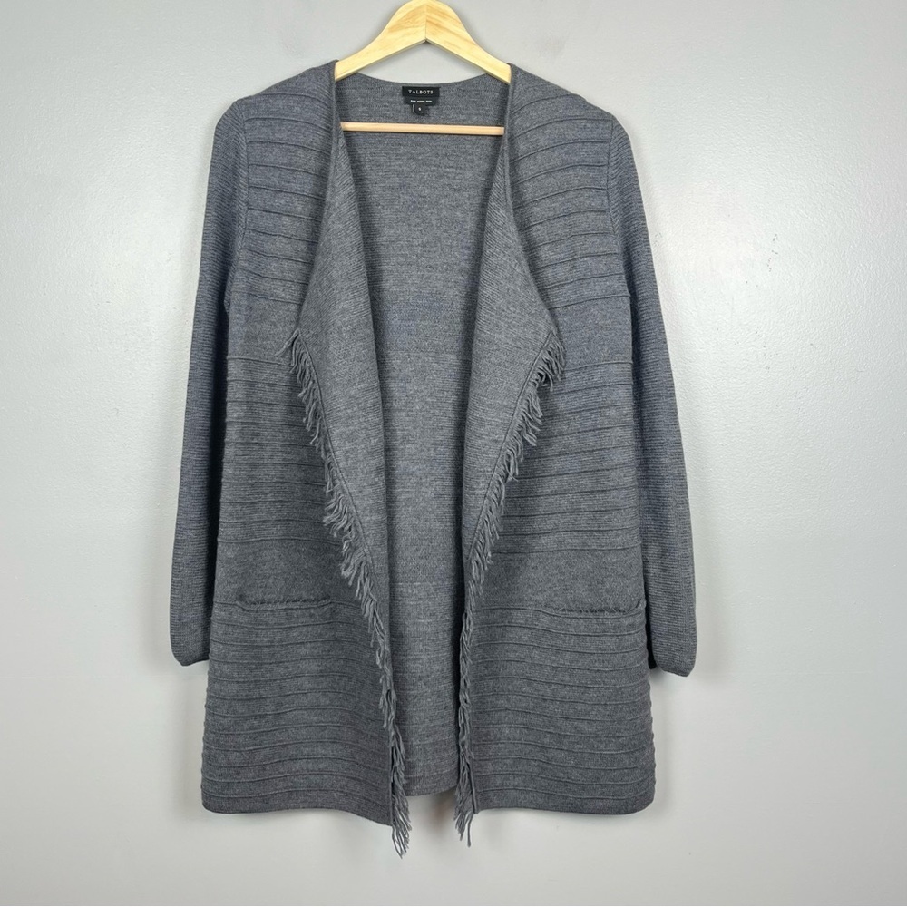 Talbots gray 100% merino wool open front fringe trimmed cardigan, size small.